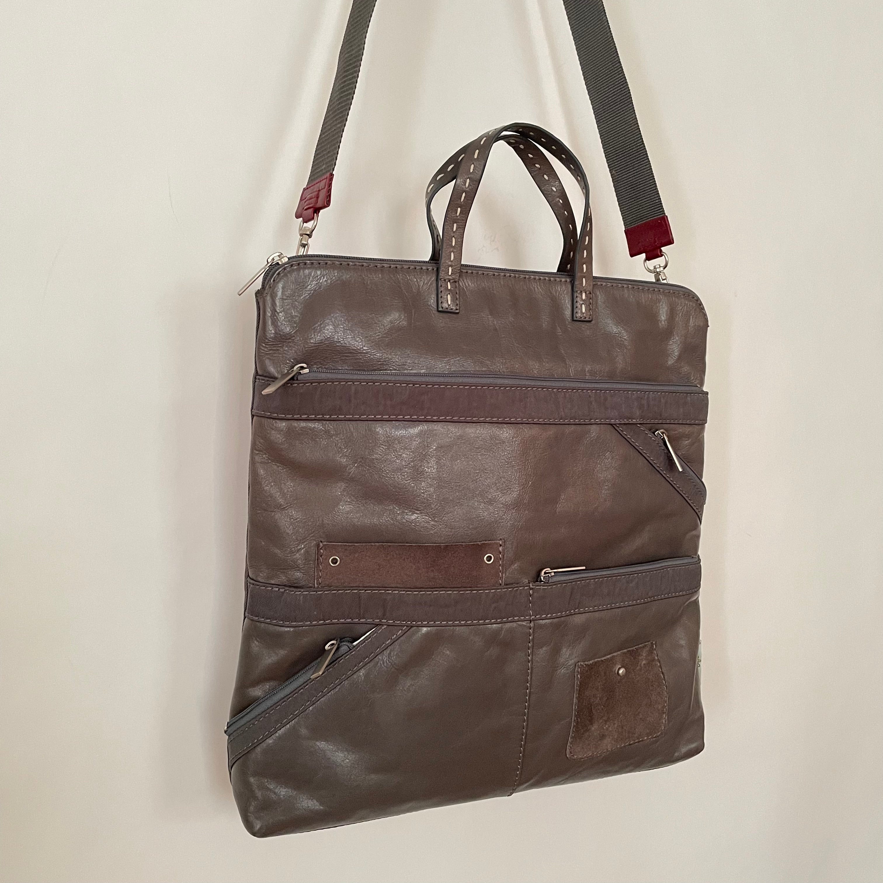 Premium Collection | Leather Shoulder Bag with Nylon Accents and Flower Embroidery and Detachable Adjustable Cross-Body Shoulder Strap | Grey